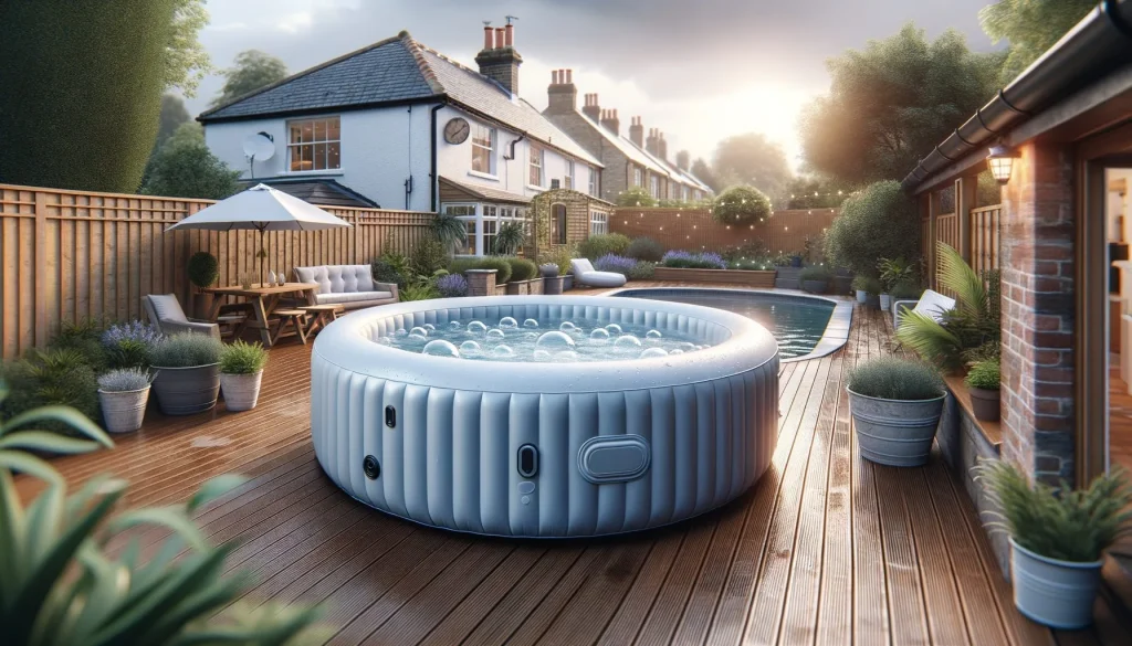 Inflatable hot tub with bubbles on wooden decking in a UK garden — best inflatable hot tubs 2026