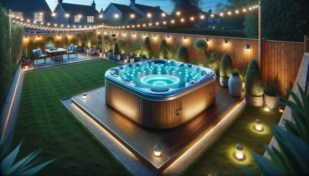 Modern acrylic hot tub with LED lighting on wooden decking in a UK garden at dusk — best hot tub brands UK