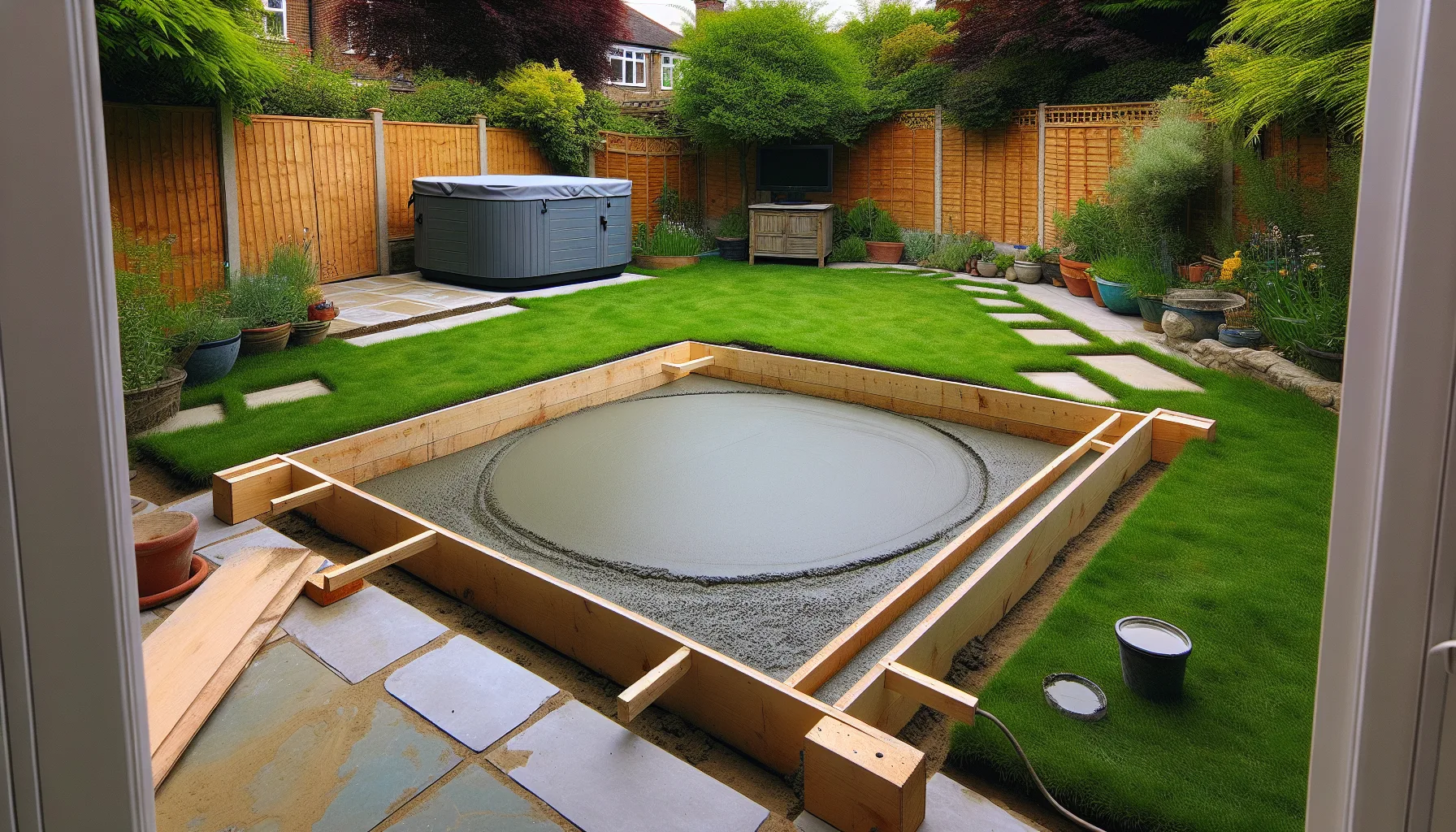 Concrete base prepared in garden for hot tub installation