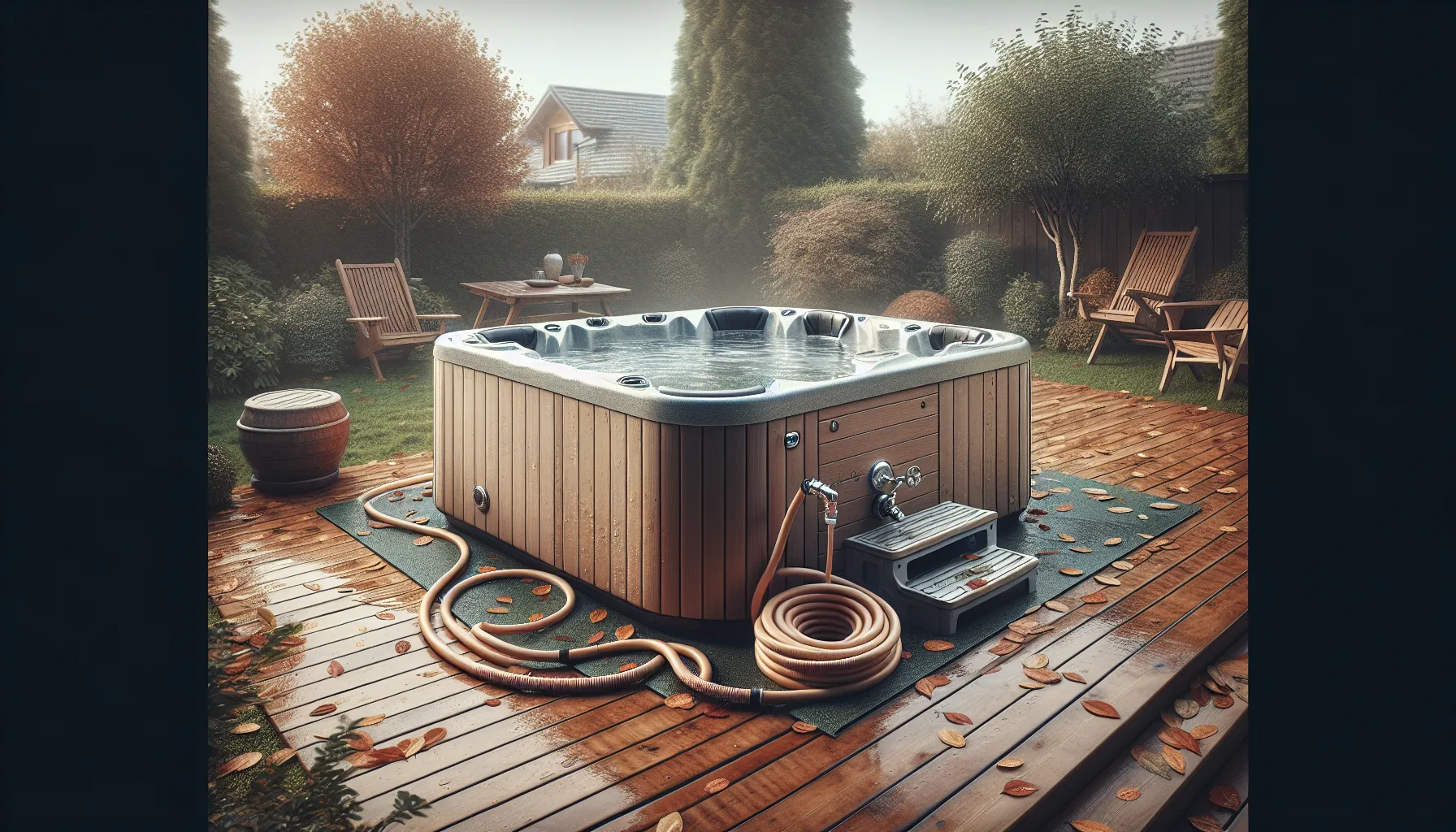 Hot tub being drained for winterisation with hose connected