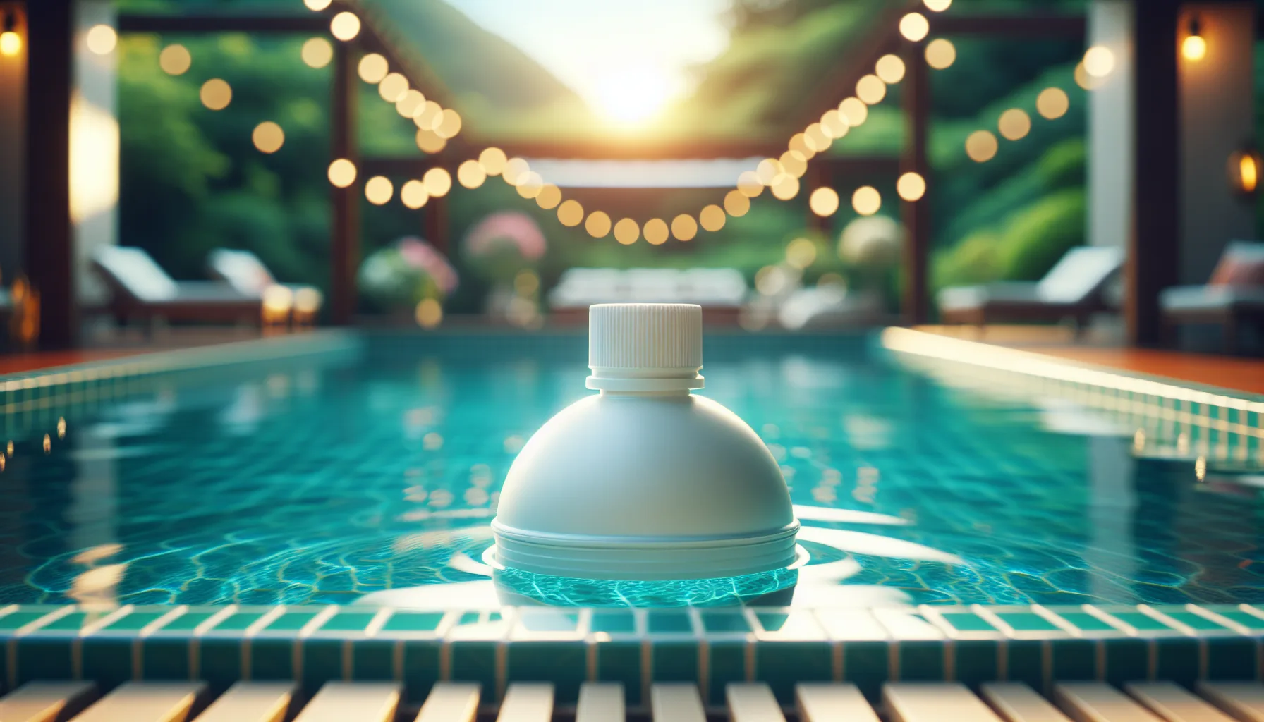 White floating chemical dispenser bobbing in turquoise hot tub water