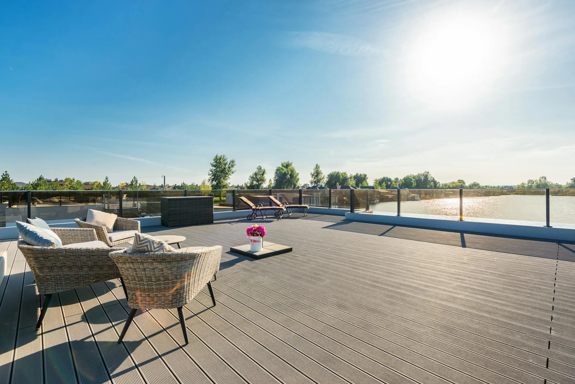 UK garden with decking and patio in summer