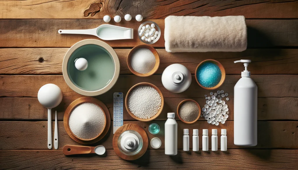 Hot tub water care supplies arranged on a wooden surface — chemicals glossary