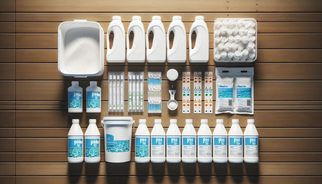 Hot tub chemicals starter kit with sanitizer bottles and test strips on a wooden deck