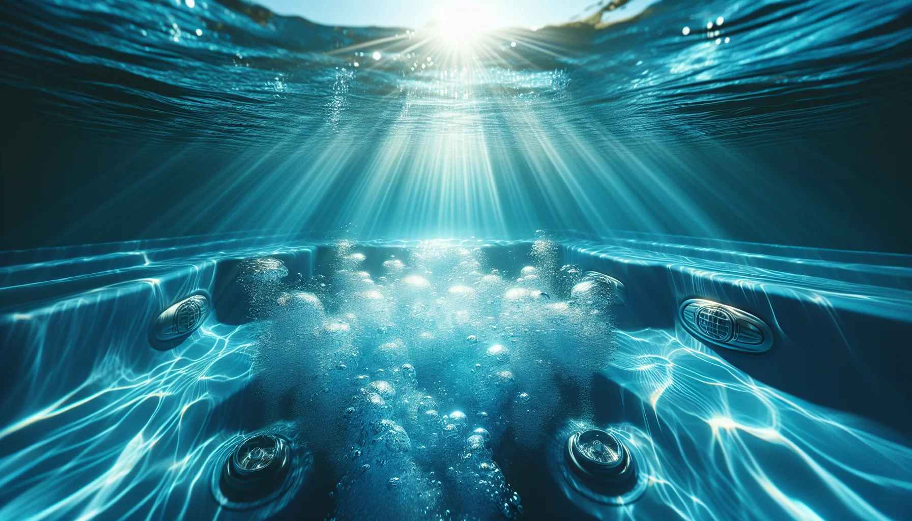 Crystal clear blue hot tub water with bubbles rising from jets