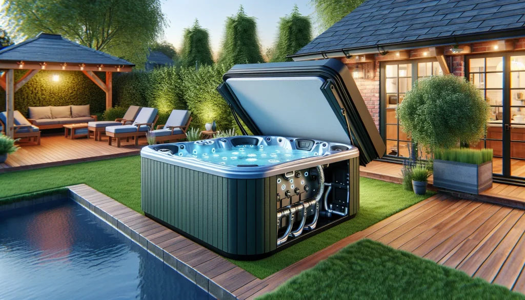Hot tub with cover lifter mechanism in a UK garden