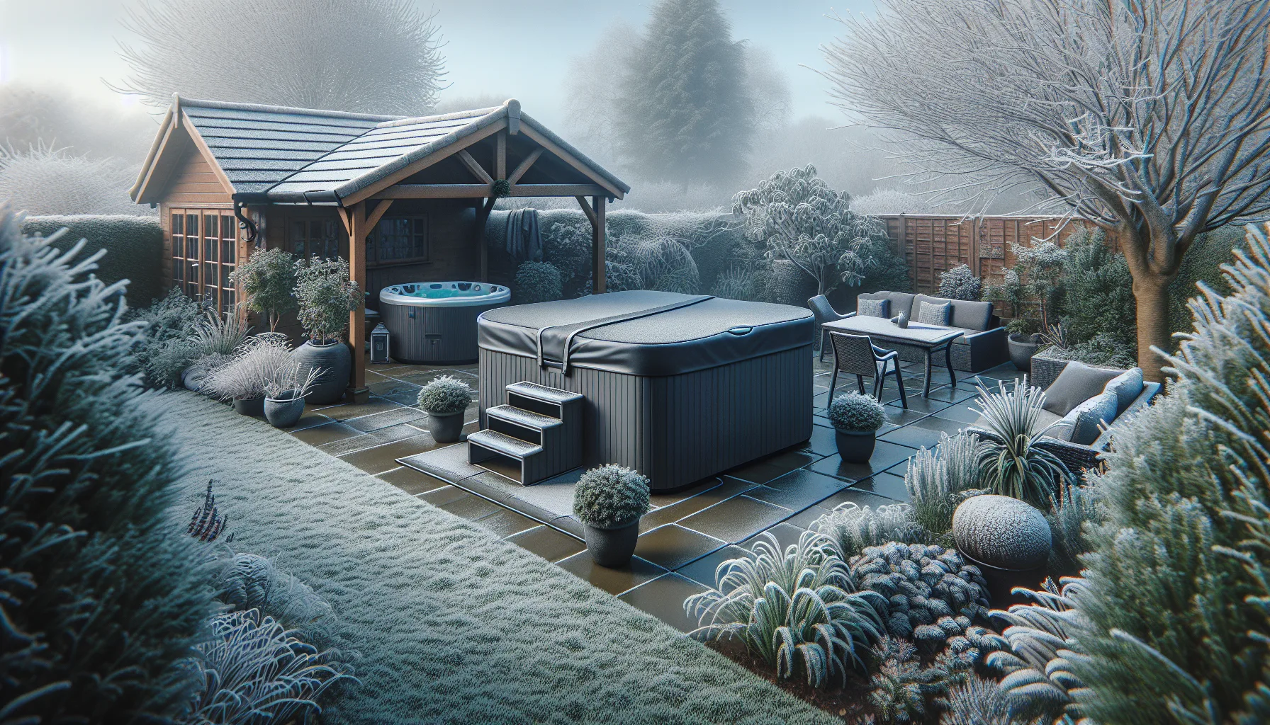 Hot tub with thermal cover fitted during winter