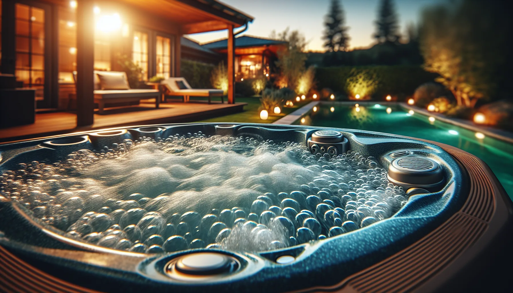 Hot tub with jets running and clean bubbling water in the evening