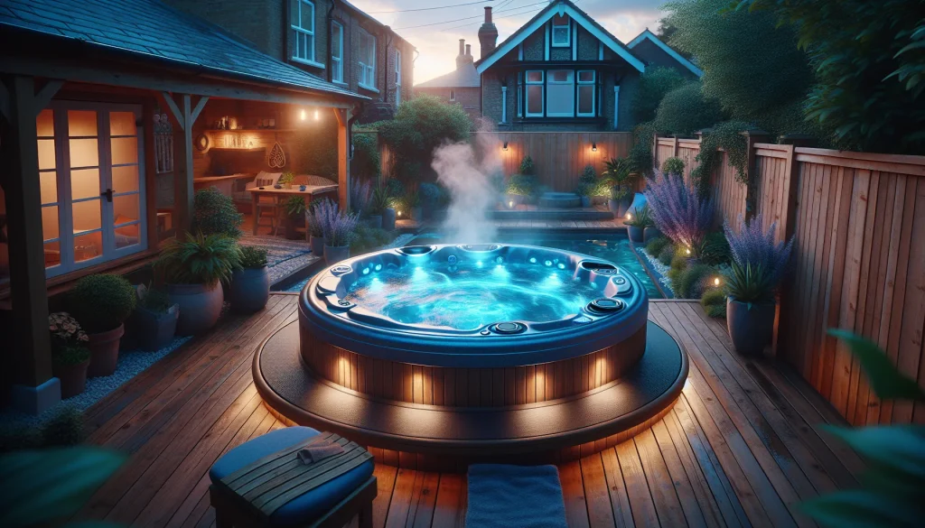 Hot tub on a wooden deck in a UK garden at dusk with LED lights