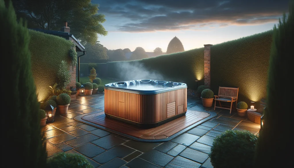 Hot tub on garden patio with evening lighting