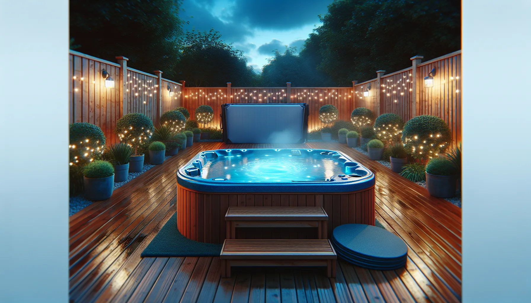 Open hot tub with steam rising in an evening garden