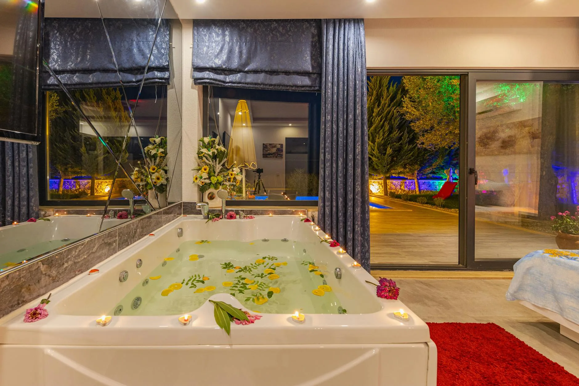 Hot tub in garden setting during evening
