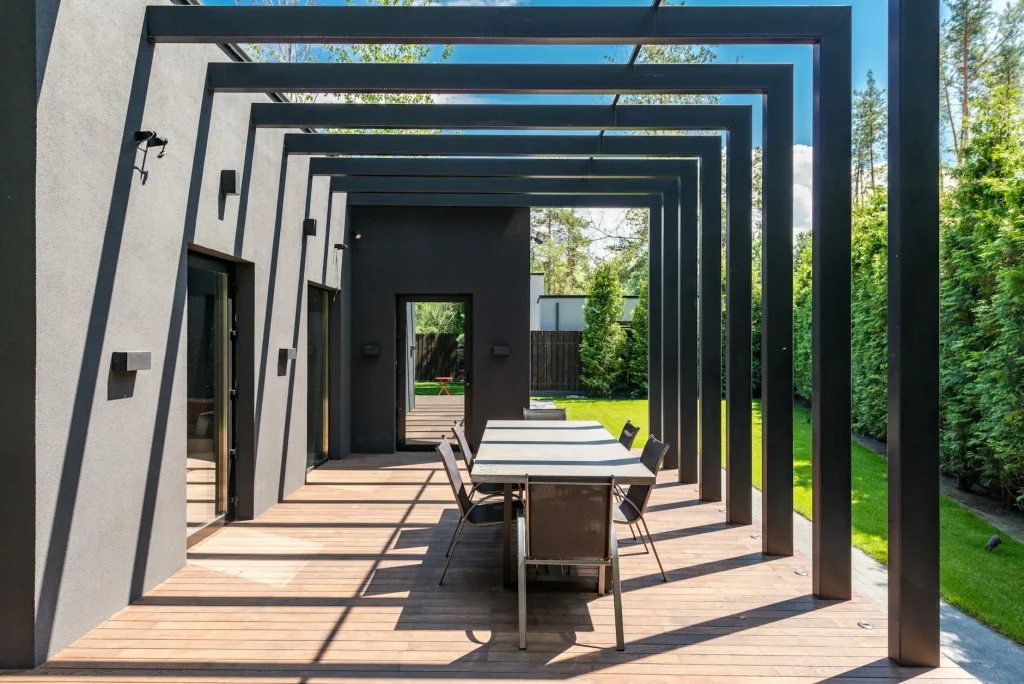 Outdoor patio living space in a UK garden setting