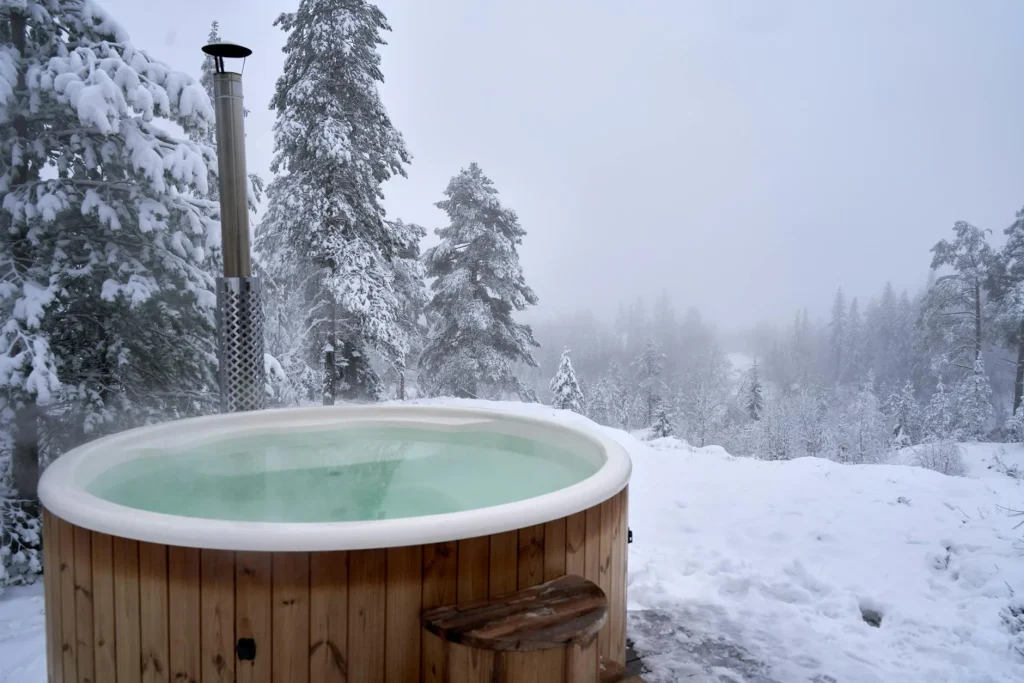 Hot tub in a frosty garden during winter