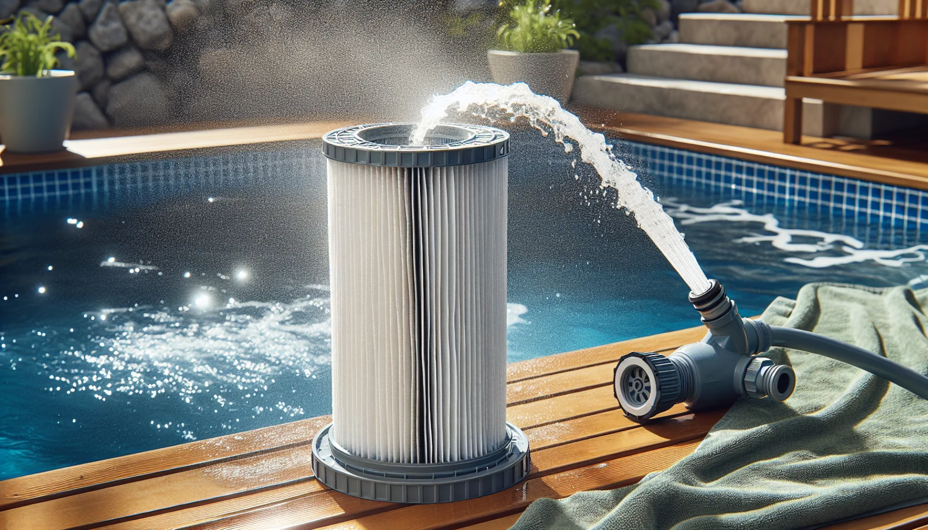 Pleated swim spa filter cartridge being rinsed