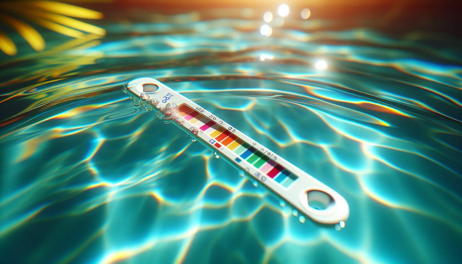 Water test strip floating on spa water surface