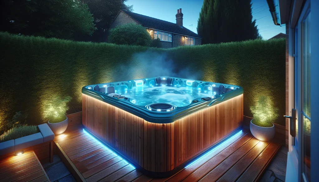 Outdoor spa hot tub with warm blue water and steam