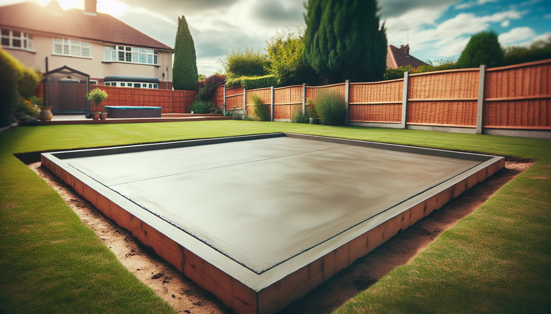 Concrete pad foundation being prepared in a garden