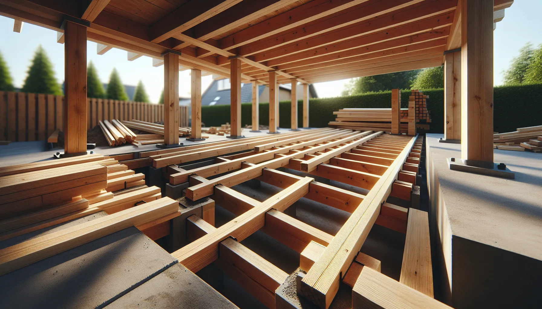 Wooden deck joist and timber frame construction
