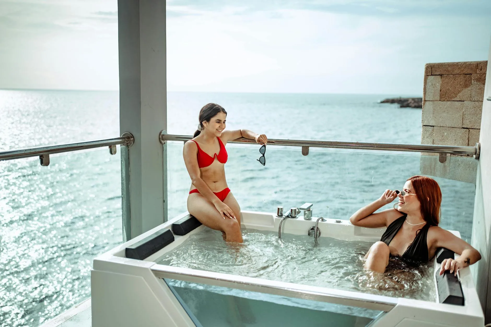 Hot tub with bubbling jets and clear water outdoors