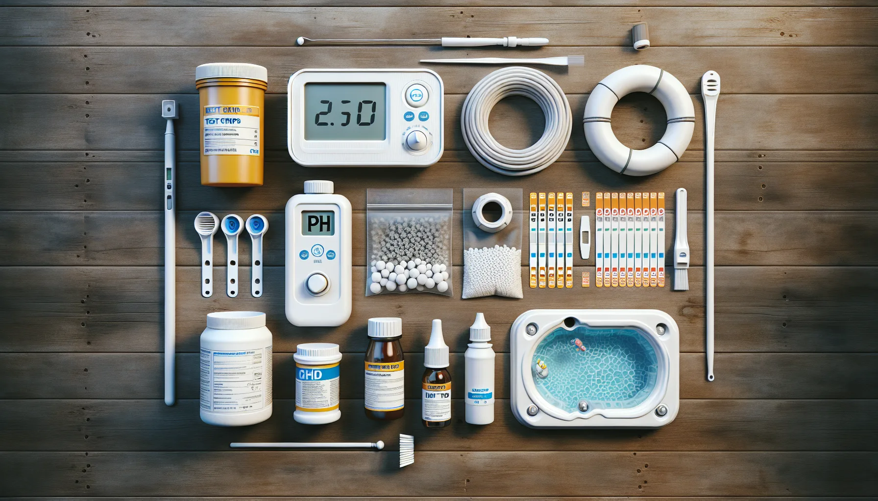 Hot tub water testing supplies including test strips and chemical bottles