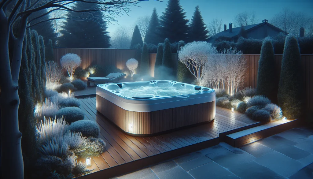 Outdoor hot tub with warm bubbling water and steam on a winter evening
