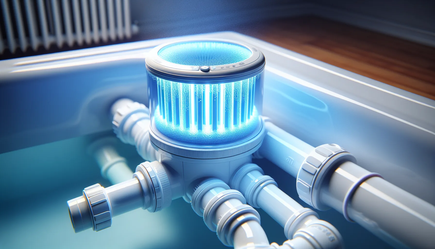 UV sanitiser unit installed in hot tub plumbing with blue glow