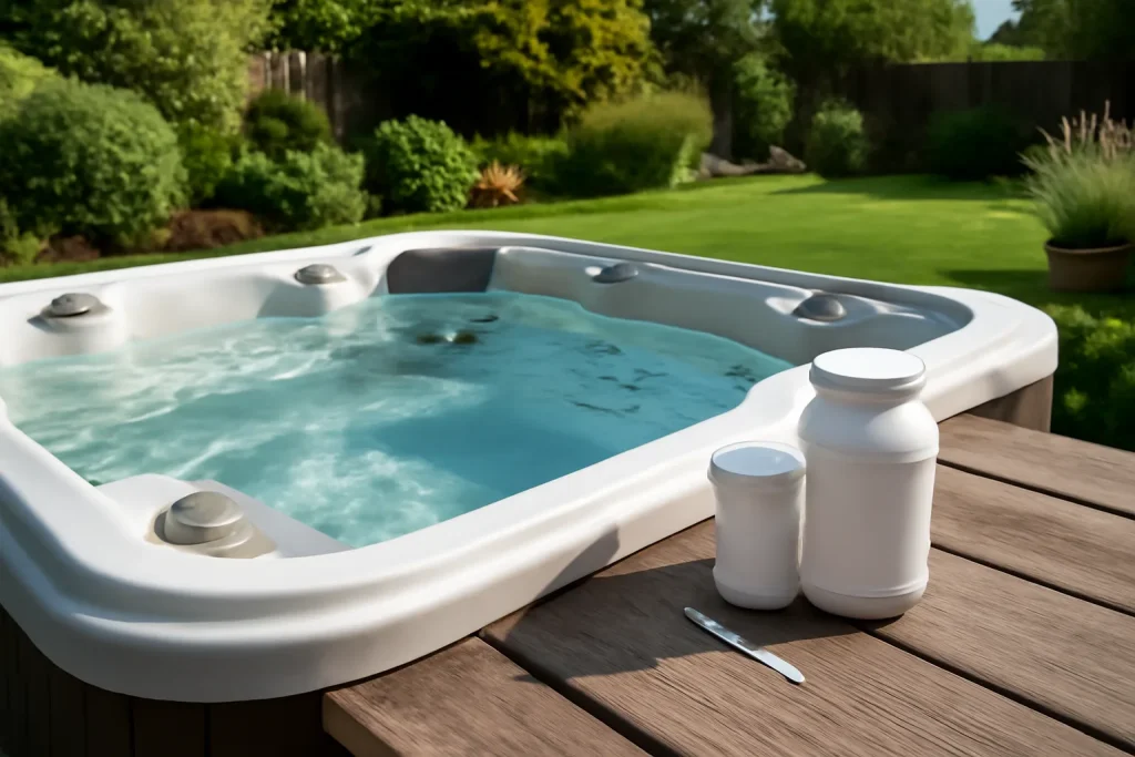 Hot tub water testing setup beside clear spa water