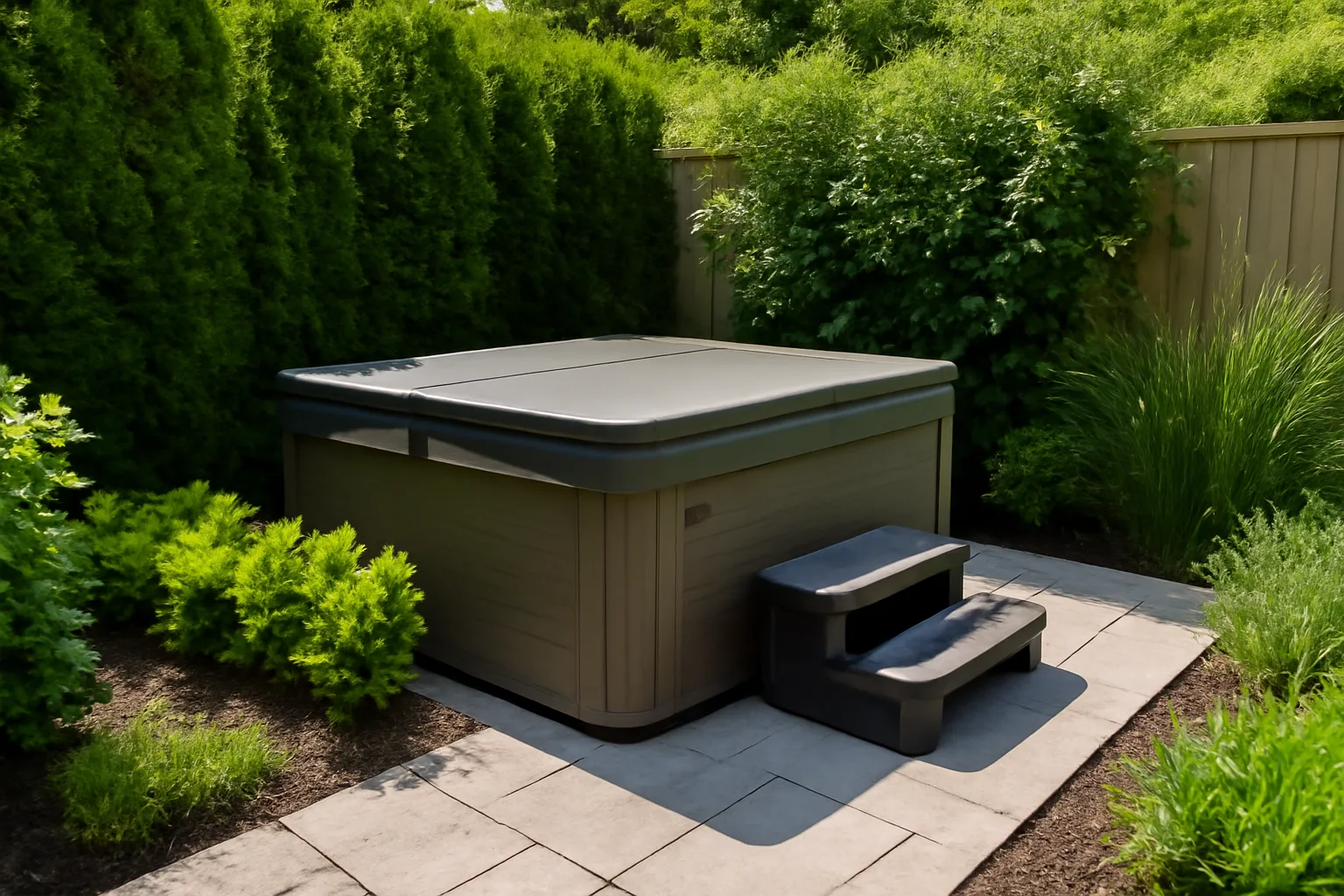 Clean covered hot tub in a private garden corner