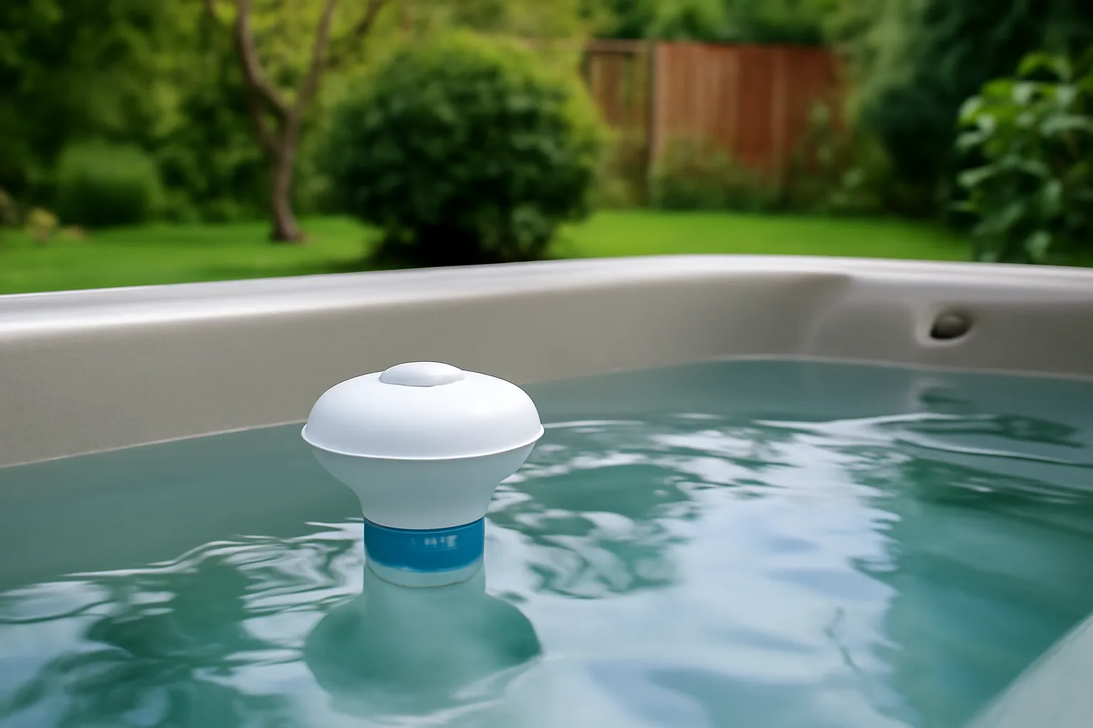 Floating hot tub chemical dispenser in clear spa water
