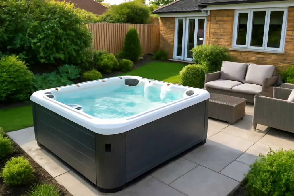 Hot tub on a tidy UK-style garden patio