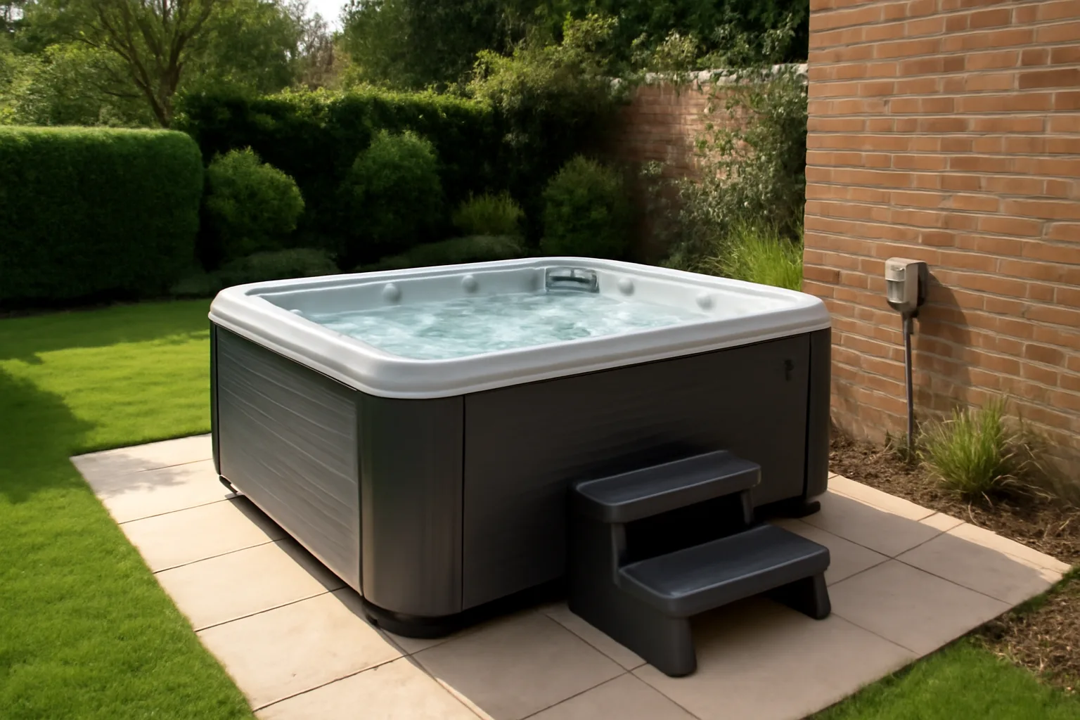 Hot tub on a level paved base with tidy outdoor electrics