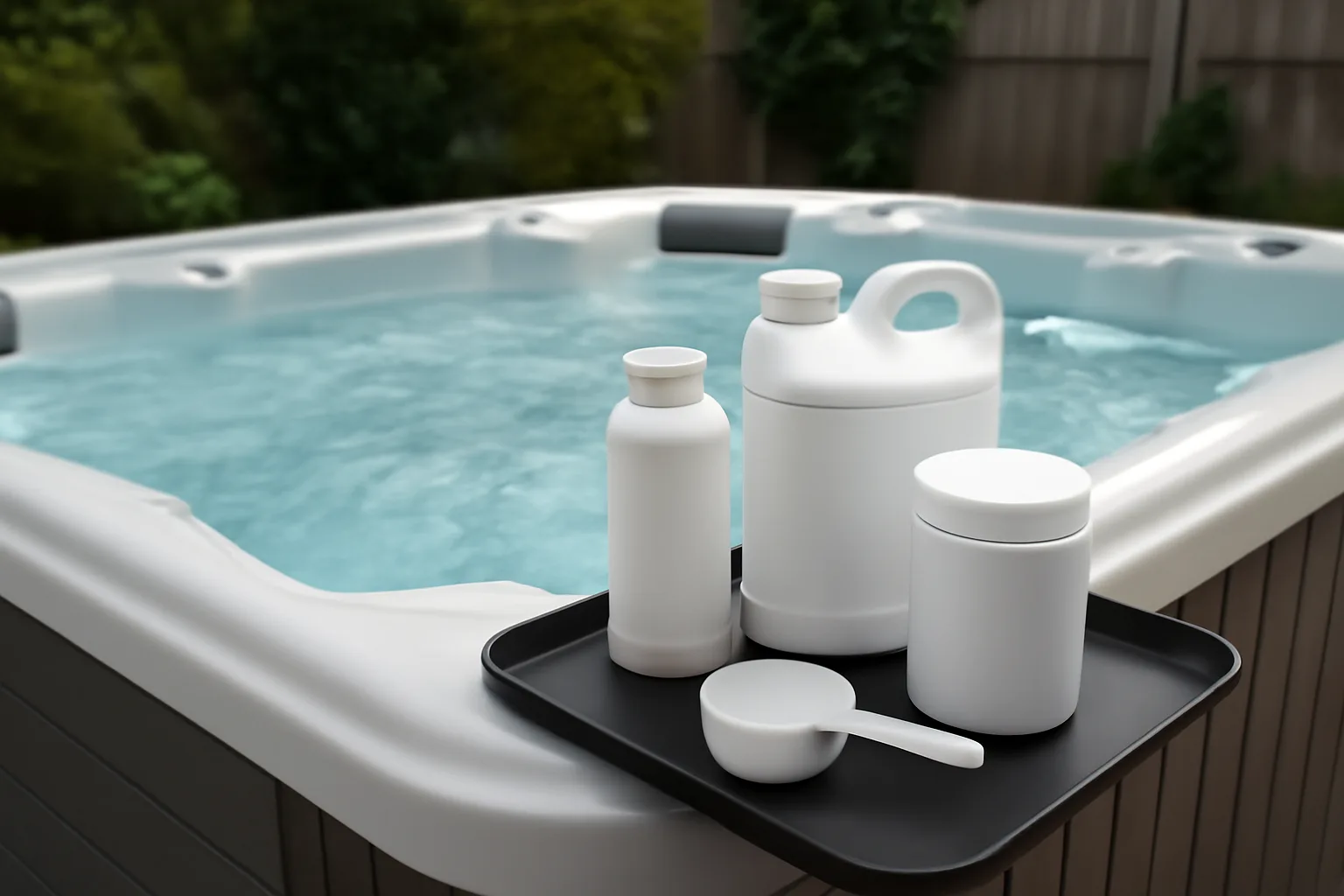 Plain hot tub chemical containers on a tray by spa water