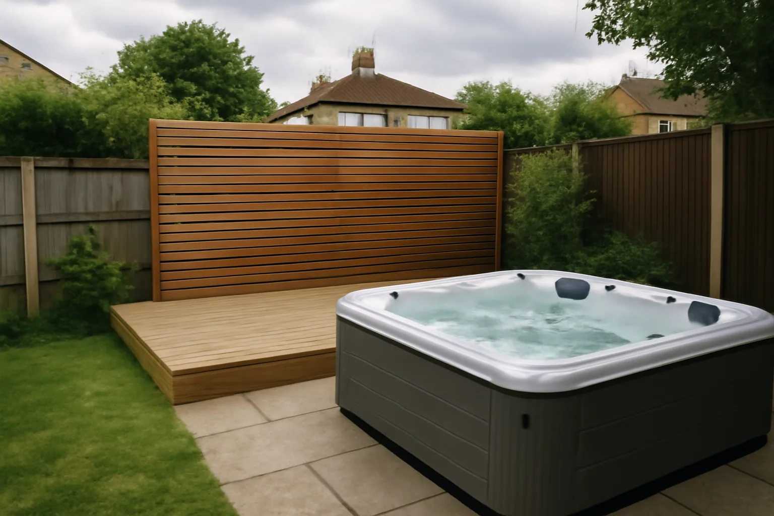 Hot tub near garden decking and boundary screening