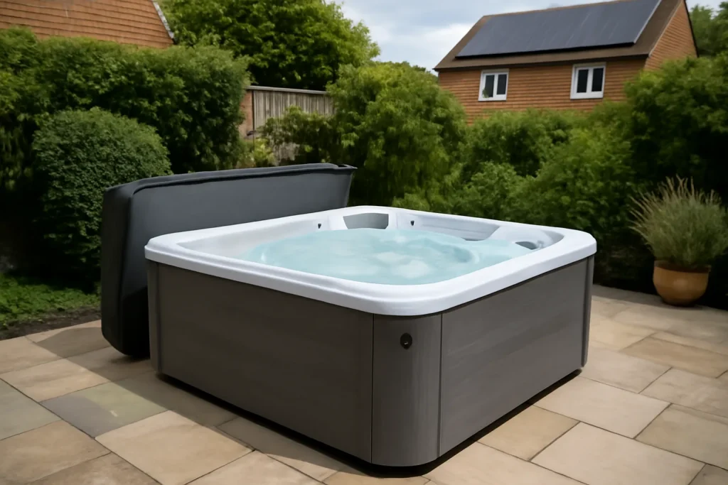 Modern garden hot tub with solar panels for UK heater advice