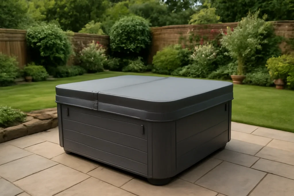 Insulated hot tub cover fitted over a garden spa