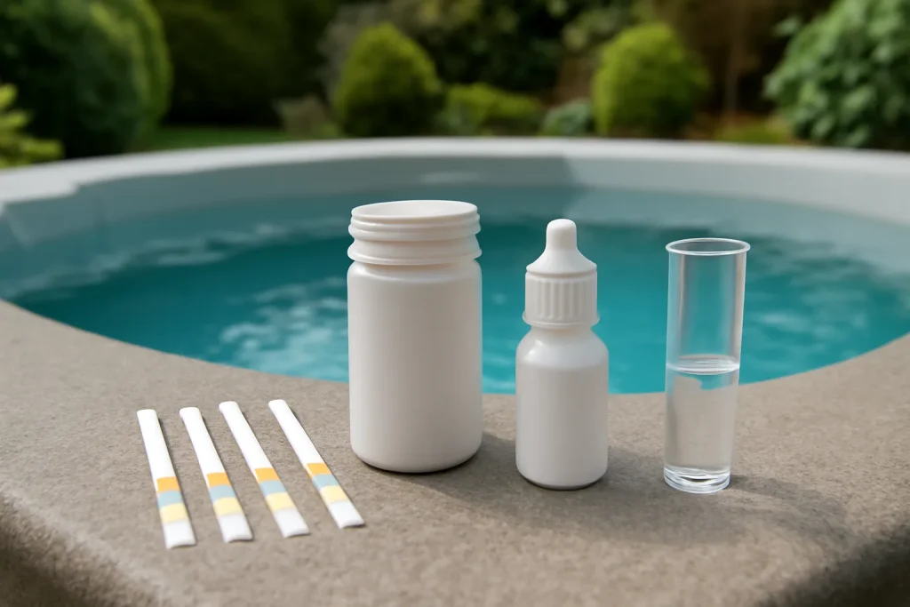 Hot tub water test kit with strips beside spa water