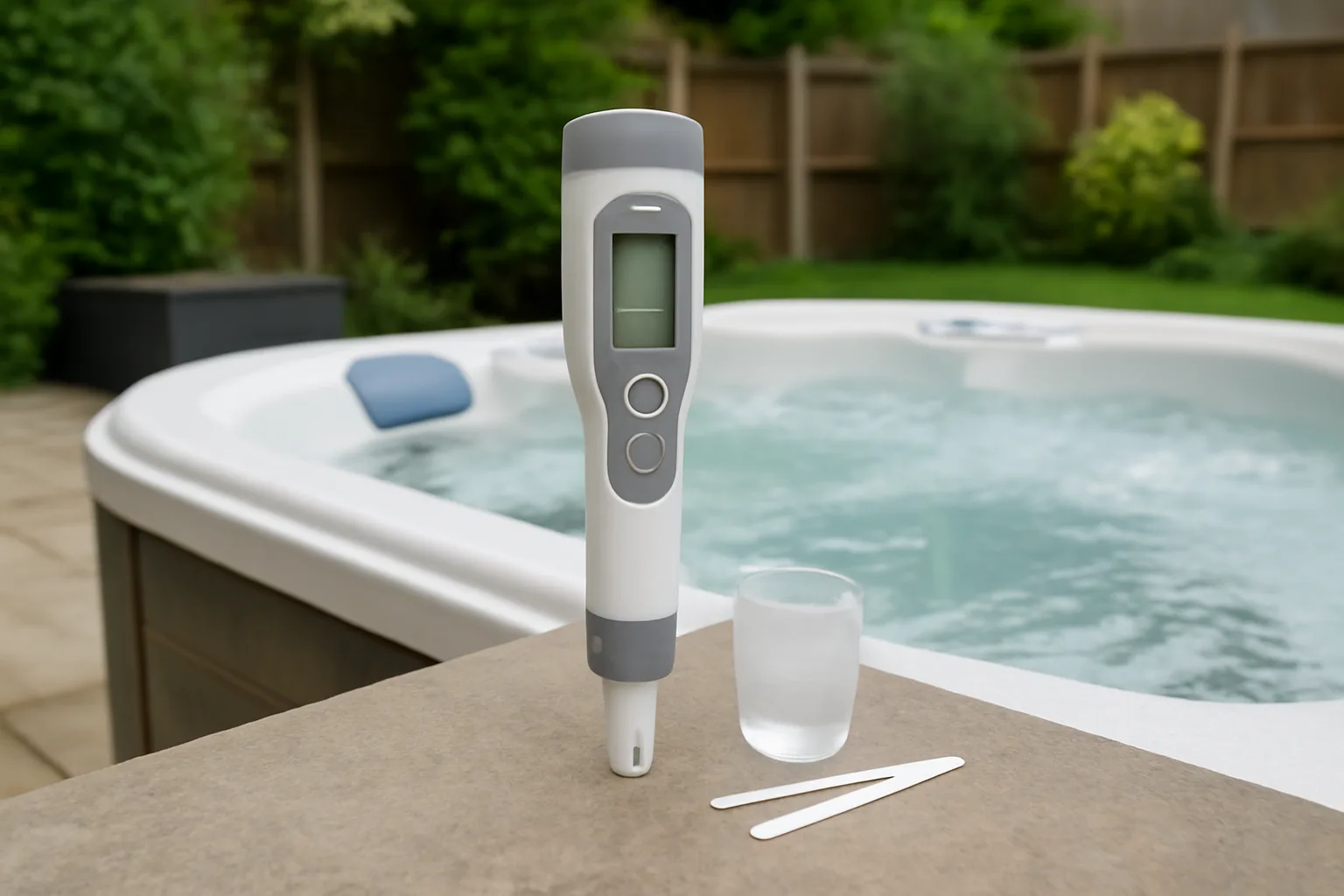 Digital hot tub water tester beside a domestic spa
