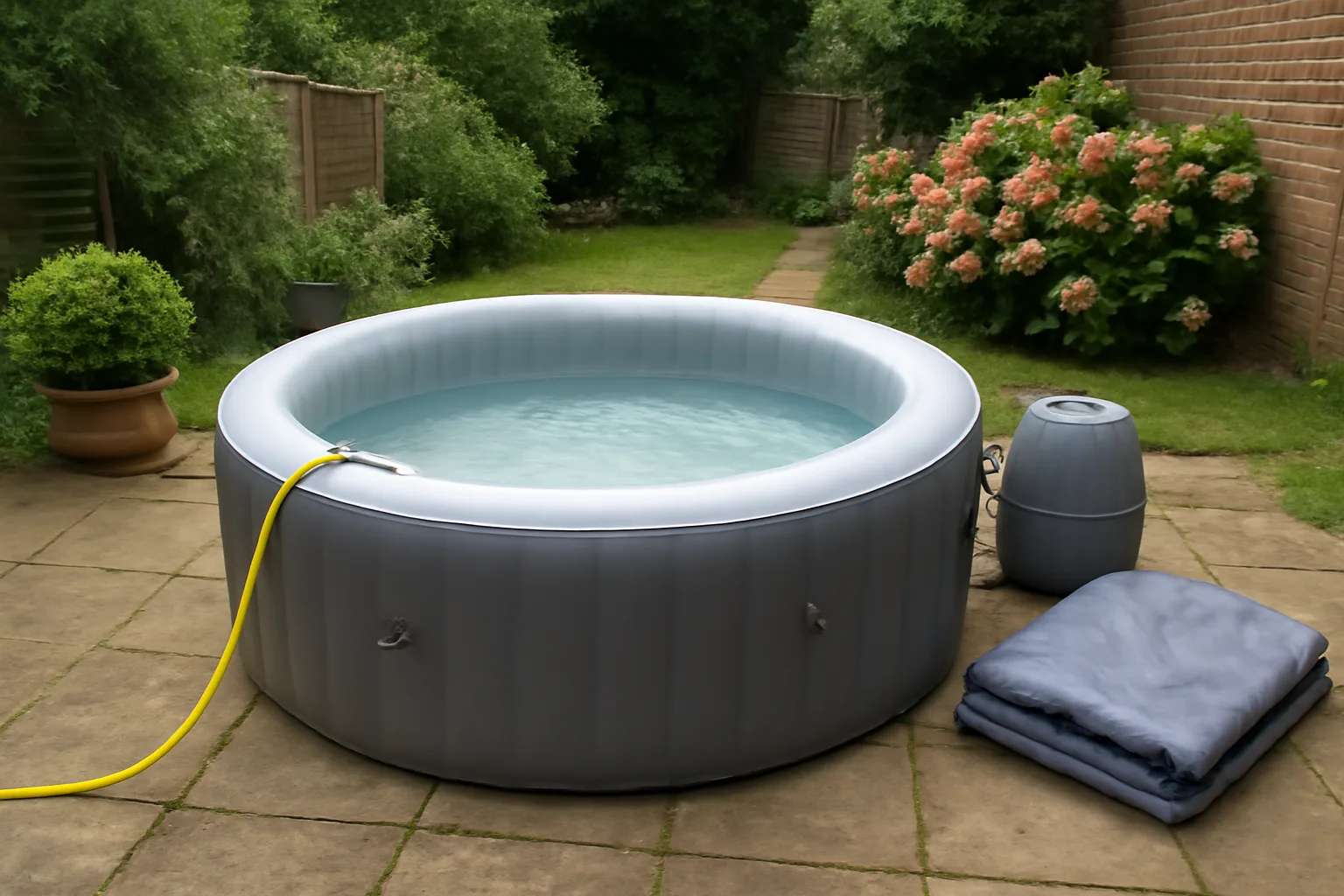 Inflatable hot tub being filled with a garden hose