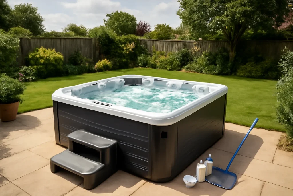 Foamy hot tub water before treatment in a UK garden spa