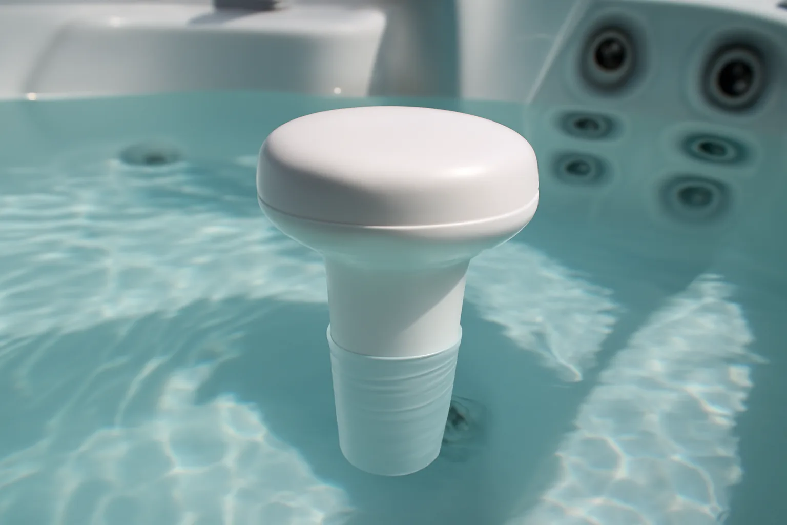 Plain floating spa temperature check in hot tub water