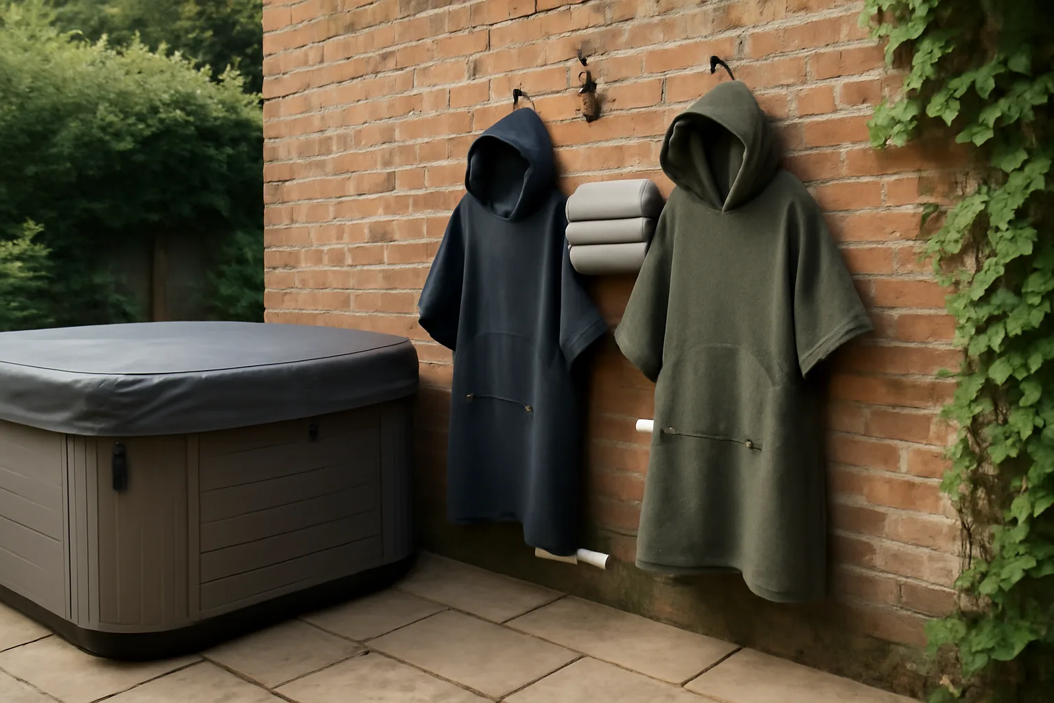 Changing robes and towels hanging beside a garden hot tub