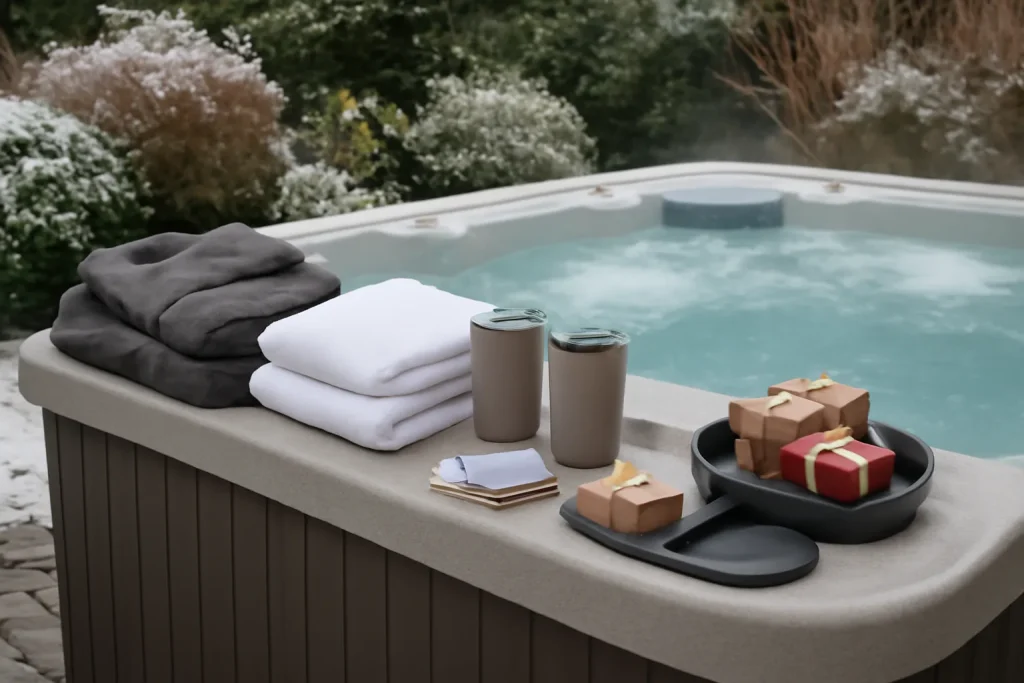 Hot tub Christmas gift ideas beside a winter garden spa