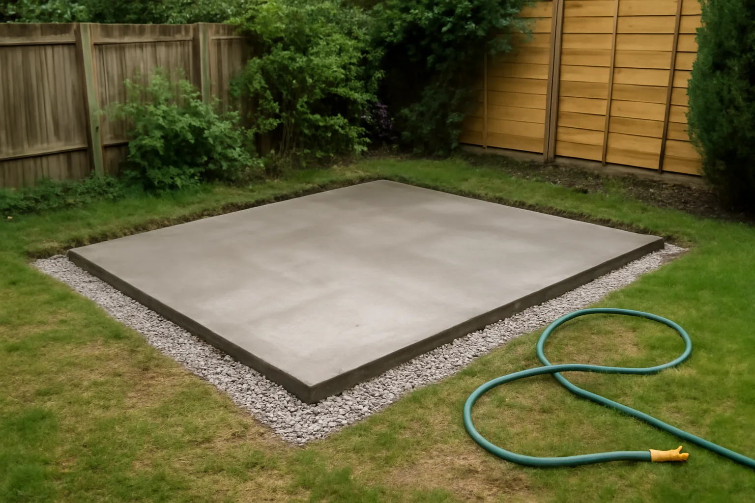 Concrete base prepared for hot tub installation in a UK garden