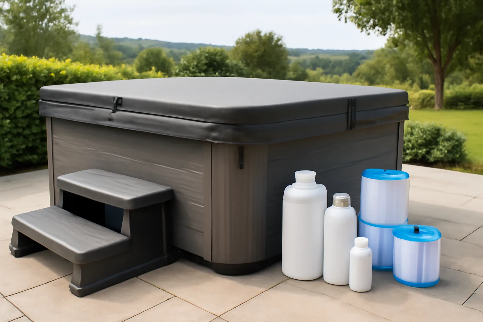 Hot tub cover steps filters and accessories in a deal bundle