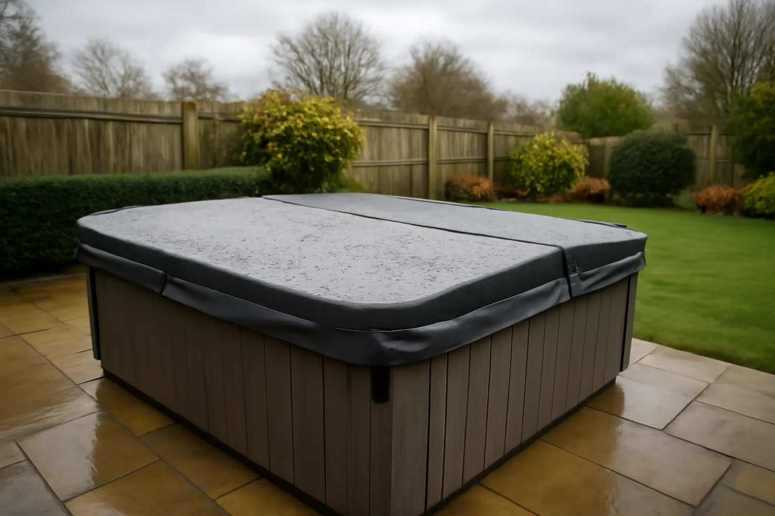 Rain beading on an insulated hot tub cover in a garden