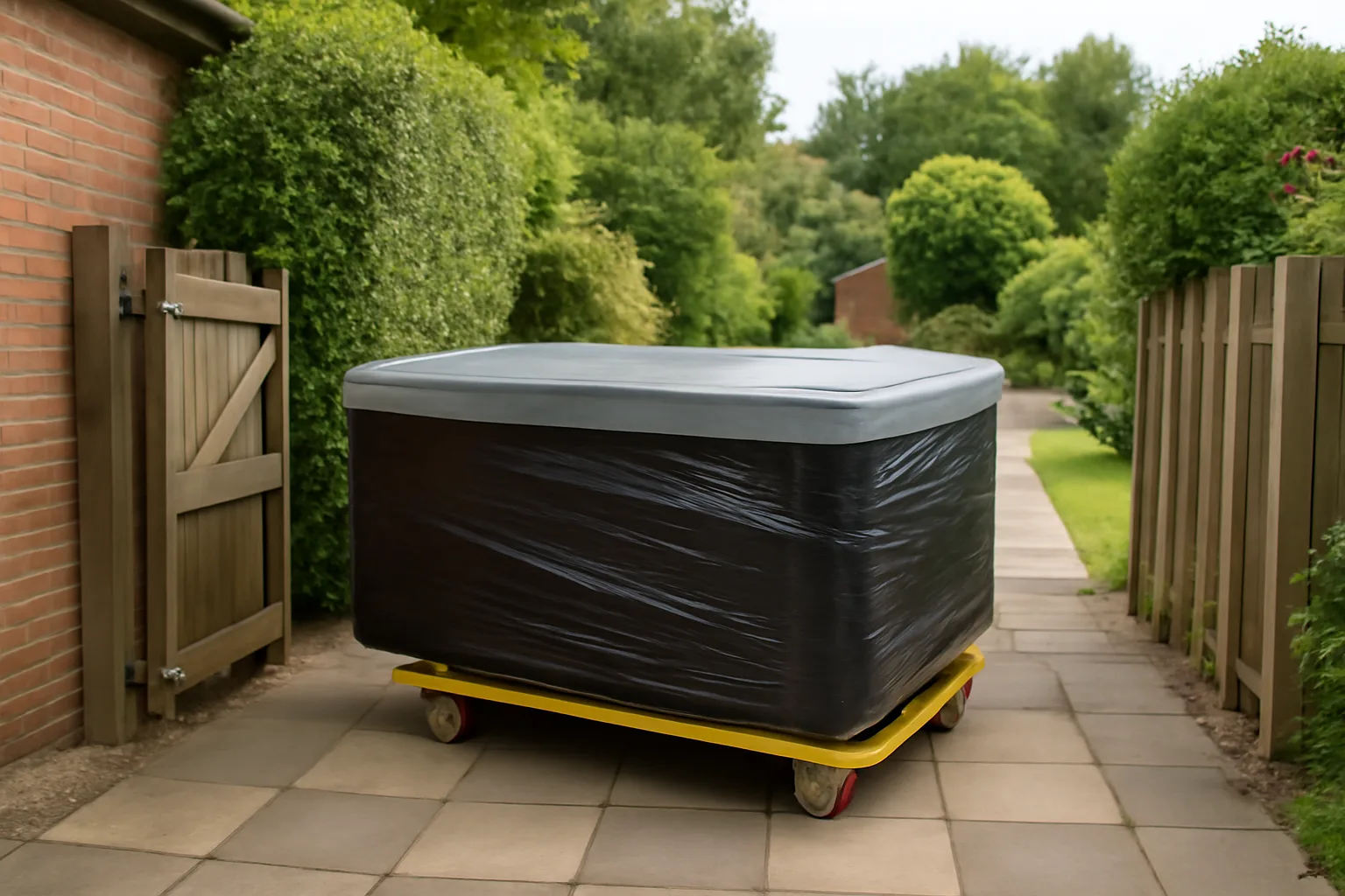 Wrapped hot tub moved through a garden gate for delivery planning