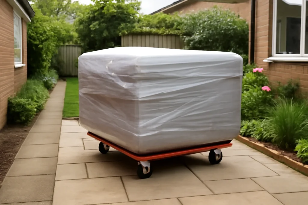 Wrapped hot tub on a delivery dolly beside garden access