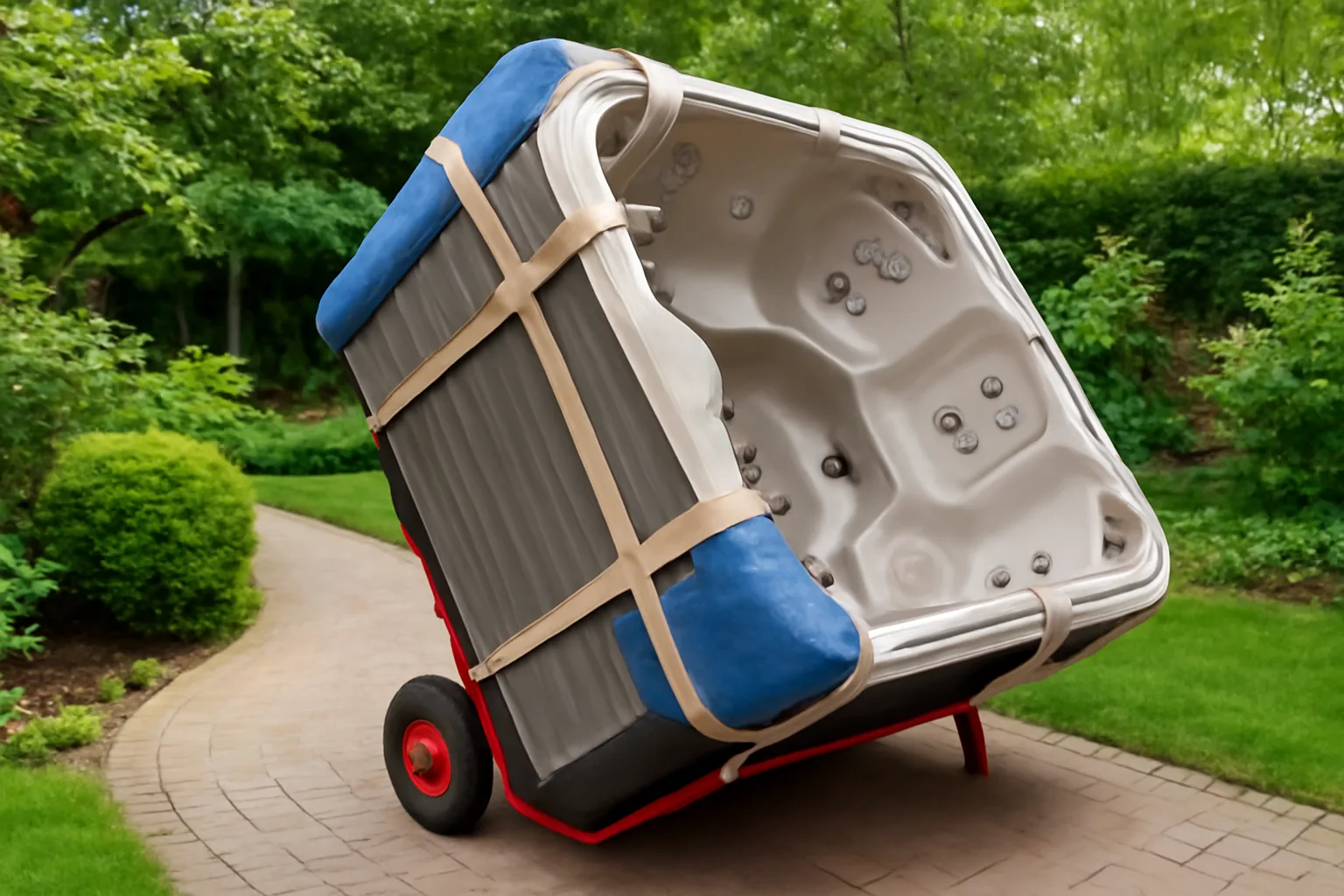 Hot tub tilted on a moving dolly with straps