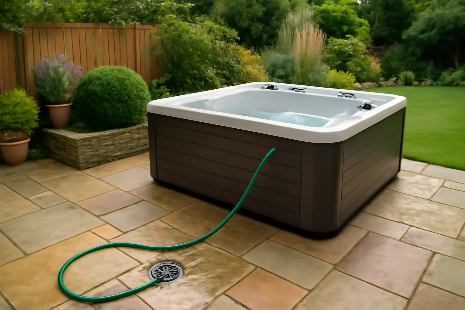 Garden hot tub draining with a hose before cleaning
